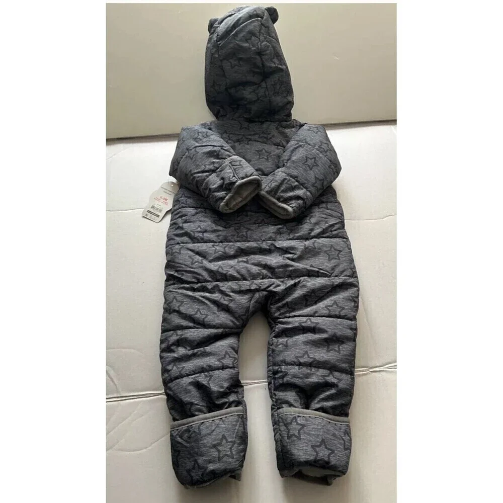 Wonder Nation Lined Baby Puffer Snowsuit One Piece Gray With Stars Size 6-9M NWT